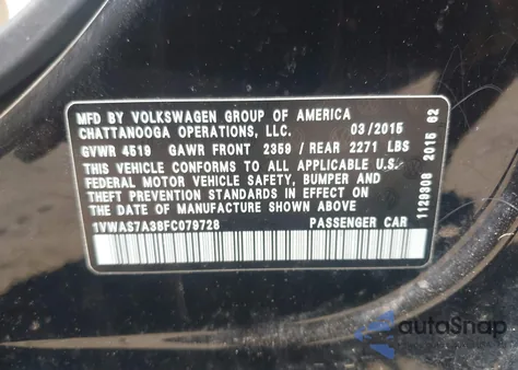 2015 Volkswagen Passat 1.8T Limited Edition z USA, uszkodzony, nr VIN 1VWAS7A38FC079728